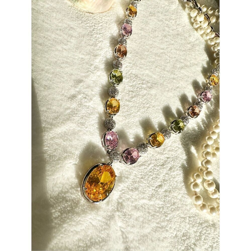 Gorgeous oval canary and multicolor cubic zirconia statement necklace  - Picture 2 of 12